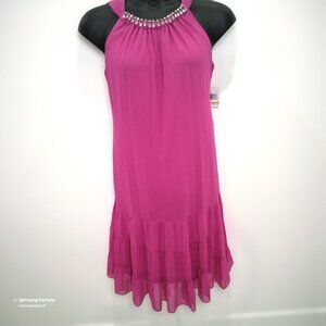 MSK Fuchsia Pink Chiffon Jeweled Neckline Sleeveless Halter Swing Dress NWT 16W